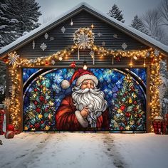 a garage decorated for christmas with a stained glass door and santa clause on the front