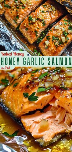 baked honey garlic salmon on foil with text overlay