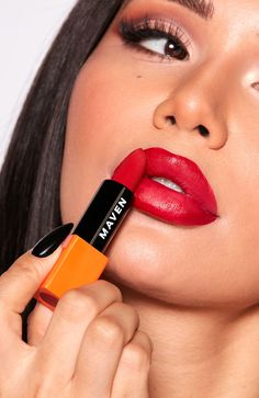 This luxurious lipstick features soft-focus pigments and a 3D polymer that locks in color. | Maven Lipstick in Maven Red by Fashion Nova Victory Red Lipstick, Red Lipstick Makeup Looks, Red Lipstick Shades, Lipstick Dark Red, Burgundy Lipstick, Hot Lipstick, Red Lipstick Makeup, Luxury Lipstick, Lipstick Tutorial