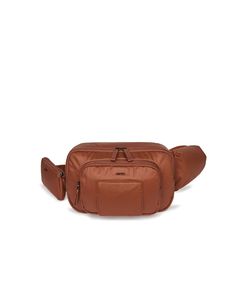 a brown leather fanny bag on a white background