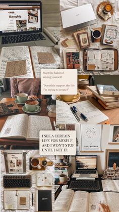 a collage of photos with books, laptops and other items on the table