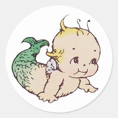 a drawing of a baby mermaid with a fish tail on its back round sticker