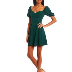 Sweetheart Neckline Short Puff Sleeves Lined Lace-Up Back Closure Approx. 34" Center Back Length Polyester/Spandex Machine Wash/Line Dry Fitted A-line Puff Sleeve Dress For Date Night, Fitted Green Puff Sleeve Dress With Square Neck, Green Fitted Square Neck Puff Sleeve Dress, Casual Puff Sleeve Dress With Sweetheart Neckline For Brunch, Green Ruched Puff Sleeve Fitted Dress, Fitted Green Puff Sleeve Dress, Casual Puff Sleeve Dress With Sweetheart Neckline, Casual Mini Dress With Fitted Bodice And Puff Sleeves, A-line Puff Sleeve Dress With Fitted Bodice For Brunch