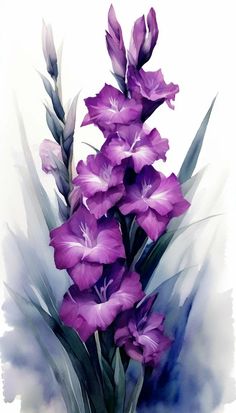 a painting of purple flowers on a white background