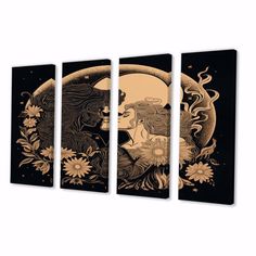 three black and gold paintings with flowers on the bottom, one has a woman's face