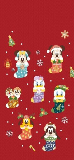 mickey mouse christmas wallpaper with snowflakes and other holiday decorations on red background