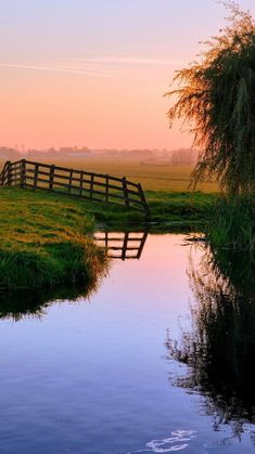 a wooden fence sitting next to a body of water near a lush green grass covered field