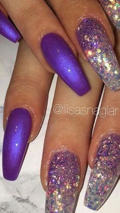 Purple And Silver Nails Acrylic, Purple And Gold Nails Designs, Purple And Gold Nails, Rockabilly Nails, Unicorn Nail Art, Bright Nail Designs, Cute Nail Colors