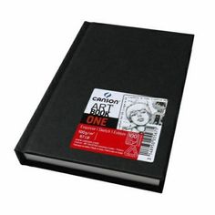 a black notebook with a red and white label on it