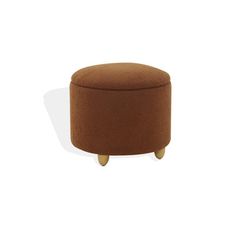 a small round ottoman with wooden legs and a brown upholstered cover on it