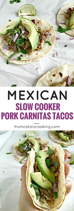 mexican slow cooker pork carnitas tacos with avocado and cilantro