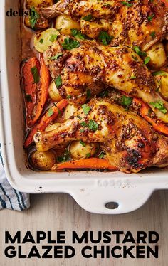 a casserole dish with chicken, carrots and parsley on the side