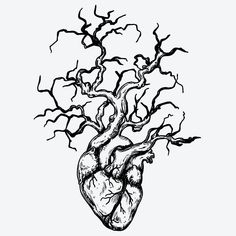 a black and white drawing of a human heart with trees growing out of the top