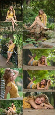 a collage of photos showing the same woman in different poses, with trees and bushes behind her