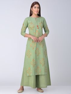 Buy Mint green Block printed Cotton Kurta Women Kurtas Color me Summer Embellished and palazzos in joyous hues Online at Jaypore.com Kurta Women, Pakistani Dresses Casual, Kurti Neck Designs, Kurta Designs Women, Simple Pakistani Dresses