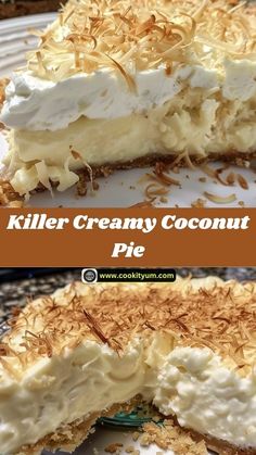 two different views of a pie with coconut toppings