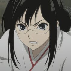 an anime character with glasses and black hair looks at the camera while staring into the distance