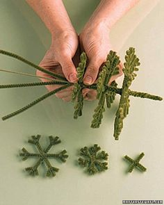 two hands are holding plants in the shape of snowflakes on a white surface