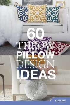 a white couch with colorful pillows on it and the words, 60 throw pillow design ideas