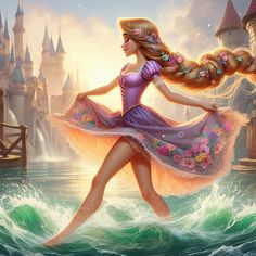 a painting of a woman in a dress walking through the water with a castle in the background