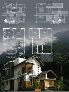 an architectural rendering of a house in the mountains with blueprints and drawings on it