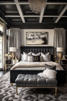 Minimalist Art Deco Bedroom, Black Velvet Bedroom, Dark Elegant Bedroom, Old Hollywood Glamour Bedroom, Old Hollywood Bedroom, Black And Gold Bedroom, Grey And Gold Bedroom, Henna Dress, Blue And Gold Bedroom