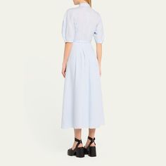 Gabriela Hearst "Maude" shirtdress with topstitch boning detail  Point collar; concealed button front Structured elbow-length short sleeves Detachable self-belt Midi length A-line silhouette Cotton Made in Italy Evening Flats, Cocktail Jacket, Gabriela Hearst, Belted Shirt Dress, Shirtdress, Platform Pumps, Lingerie Sleepwear, Designer Collection, Coat Dress