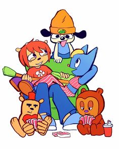 a group of cartoon characters sitting next to each other on top of a couch with stuffed animals