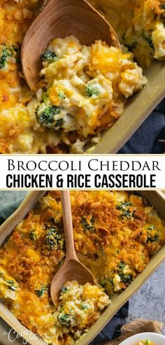 broccoli cheddar chicken rice casserole in a baking dish