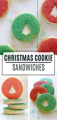 christmas cookie sandwiches with green and red frosting