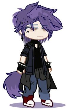 an anime character with purple hair and piercings standing in front of a white background