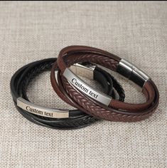 layered leather bracelet for men in brown or black leather. Engrave it with names or a short message. Why men like it? Stylish and layered look that is worn casually. Layered bracelet but with one buckle for easy on and off. Best of all, that it's made just for him. Classic Engraved Brown Leather Bracelet, Classic Brown Engraved Leather Bracelet, Personalized Brown Leather Bracelets, Everyday Engraved Brown Leather Bracelet, Everyday Brown Engraved Leather Bracelet, Personalized Black Leather Bracelets, Brown Leather Bracelet With Engraving Option, Leather Mens Bracelet, Best Gifts For Grandparents