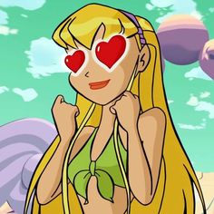 a cartoon girl with heart shaped glasses on her face and hands in front of her face