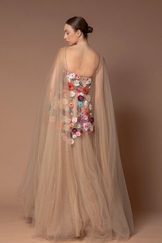 Strapless tulle dress with floral embroidery – HerTrove Strapless Tulle Dress, Dress With Cape Sleeves, Marchesa Couture, Dress With Floral Embroidery, Tulle Cape, Dress With Cape, Tulle Embroidery, Midi Dress Style, Cape Sleeves