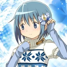 an anime character with blue hair wearing a sweater and holding a flower in her hand