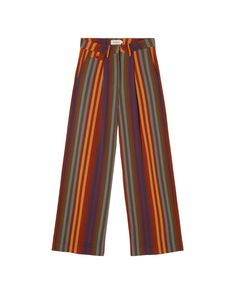 Multicolor striped Pat pants made of organic cotton.. Fit Oversize, Rise: low, Leg: wide, Stretch: low, Front zipper and button closure, Front and back pockets, Details: flap on right pleat, Fabric: organic cotton, weight 280 gsm (thick fabric), Garment length: Long, Made In (fabric, dyeing and manufacturing): India. Measurements in size 36: 77 cm inseam length and 109 cm outside length. 100% Organic Cotton Machine Wash At 30ª With Reduced Mechanical Action Do Not Bleach Do Not Tumble Dry Iron A Retro Pants, Rain Poncho, Komodo, Rectangle Sunglasses, Sustainable Brand, Boot Bag, Newest Trends, Pearl Jewellery Earrings, Jacket Sale