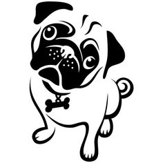 a black and white drawing of a pug dog with a bone in its mouth