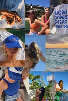 the collage shows several photos of women in swimsuits and sunhats