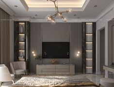 an elegant living room with modern furniture and lighting on the ceiling, along with a large flat screen tv