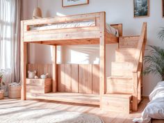 a wooden bunk bed sitting in a bedroom next to a plant and potted plants