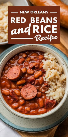 red beans and rice in a bowl on a wooden table with the title above it