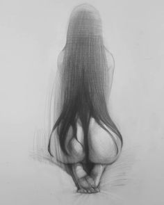 a drawing of a woman's back with her long hair blowing in the wind