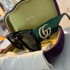 Trendy Gucci Sunglasses - Green And Gold Interlocking Gg On Side - Barely Worn - Fashion Statement - Hard To Find In Stock! Gucci Products, Gucci Sunglasses, Gucci Accessories, Green Gold, Green And Gold, Sunglasses Accessories, Fashion Statement, Women Accessories, Sunglasses