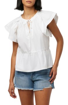 A ruffle hem and tender neck ties add darling detail to a supersoft flutter sleeve top. Split neck with ties Short flutter sleeves 100% cotton Machine wash, tumble dry Imported Tie Shorts, Stylish Blouse, Neck Ties, Flutter Sleeve Top, Pattern White, Fashion Today, Flutter Sleeves, Girly Girl, Ruffle Hem