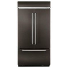 a black refrigerator freezer sitting on top of a white wall with stainless steel handles