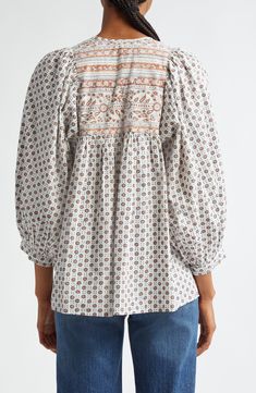 This breezy cotton blouse is designed in a flowery print with slender neck ties. 28" length (size Medium) Split neck with ties Three-quarter sleeves 100% cotton Dry clean Imported Slender Neck, Blouse Nordstrom, Tie Neck Blouse, Neck Ties, Fabric Gift Bags, Cotton Blouse, Printed Ties, Nordstrom Store, Fabric Gifts