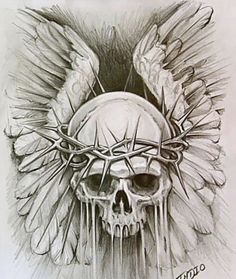 a drawing of a skull with wings on it's head and an angel wing