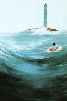 a painting of a person in a small boat near a light house