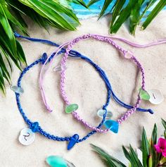 Pretty & cute Sea Glass ankle bracelet! A great gift for a friend who loves beaches & oceans.    Fun & pretty  summer beach anklet!. This bracelet is made with cultured sea glass beads & continued with macrame adjustable style. This beautiful array of  sea glass beads  measures 8 to 12  x 7 to 10 mm. When  the sliding tie is closed measures 8.0 inch and 10.0 inch when expended leaving 1 inch each end. * Choose either royal blue or lavender macrame string. Please check out my other sea glass jewe Adjustable Blue Ocean-inspired Friendship Bracelets, Bohemian Blue Personalized Friendship Bracelets, Ocean-inspired Strand Anklets As A Gift, Adjustable Coastal Beaded Bracelets For Gift, Adjustable Coastal Beaded Bracelets As Gift, Ocean-inspired Strand Friendship Bracelets As Gifts, Ocean-inspired Strand Friendship Bracelets As Gift, Adjustable Coastal Style Beaded Bracelets As Gift, Coastal Adjustable Beaded Bracelet As Gift