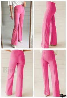 Bjux - Elegant Sachet High Waist Flared Trousers Stretch Pink Bottoms Solid Color, Stretch Pink Pants, Stretch Pink Solid Color Pants, Pink Stretch Pants Solid Color, Pink Stretch Pants, Flared Trousers, Flare Trousers, Bottoms Pants, Style Casual